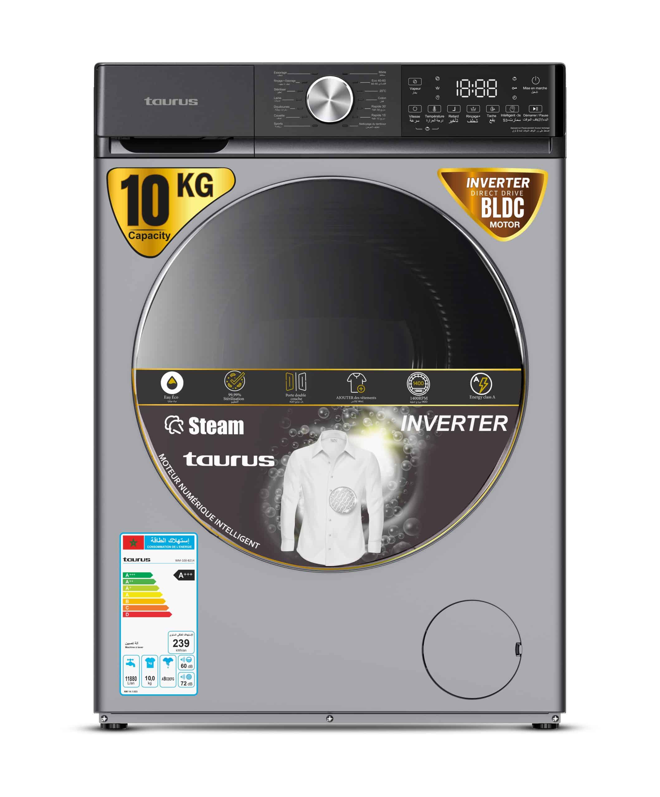 Machine à laver Taurus 10 Kg Inverter Steam WM-100-B214