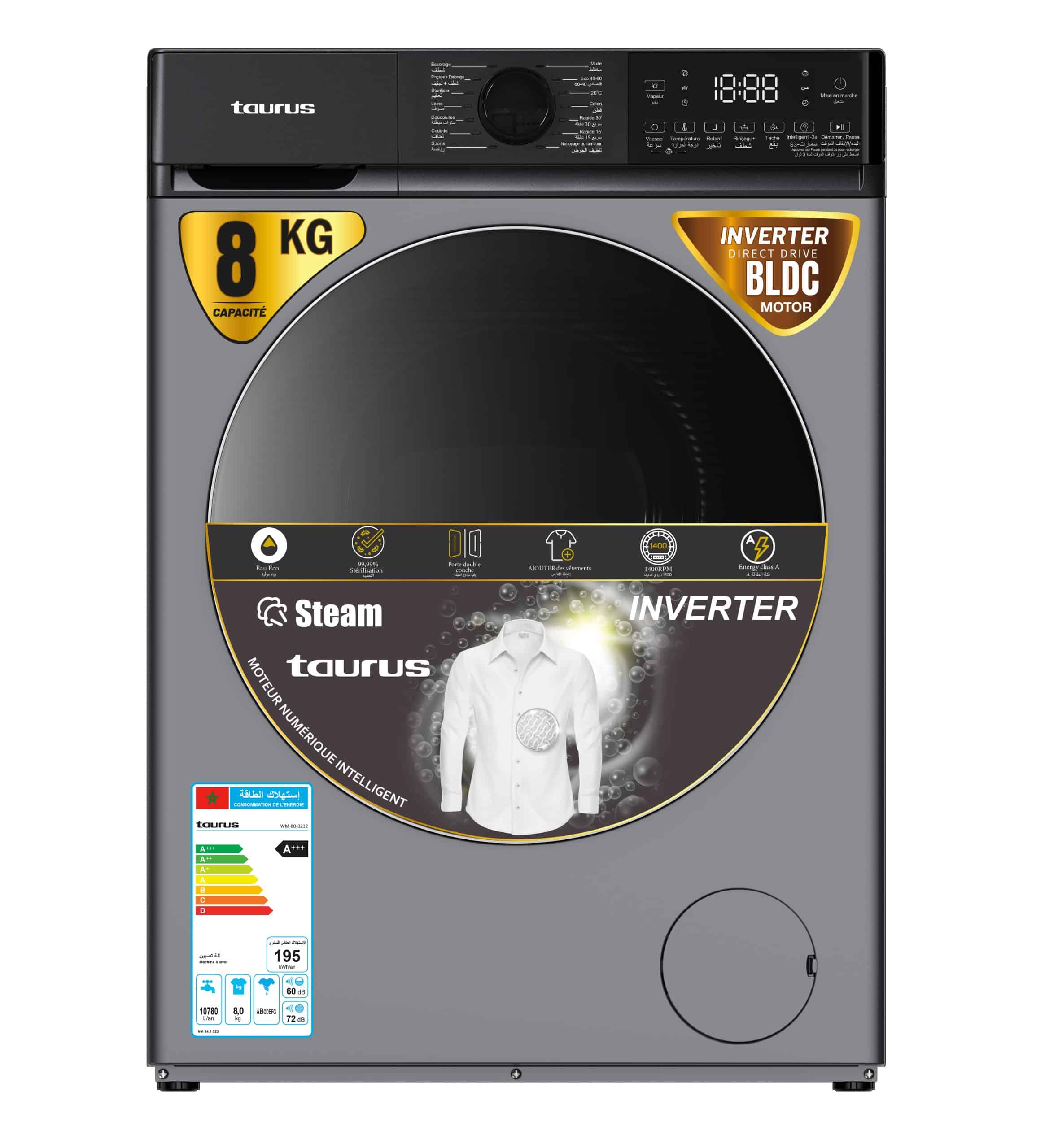 Machine à laver Taurus 8 Kg Inverter Steam WM-80-B212